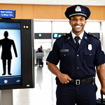 **Confident Security Officer:** A smiling airport security officer confidently standing in front of an X-ray machine, with passengers and luggage blurred in the background, representing a sense of safety and efficiency.