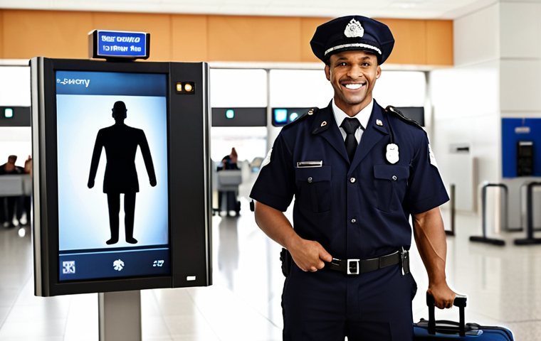 **Confident Security Officer:** A smiling airport security officer confidently standing in front of an X-ray machine, with passengers and luggage blurred in the background, representing a sense of safety and efficiency.